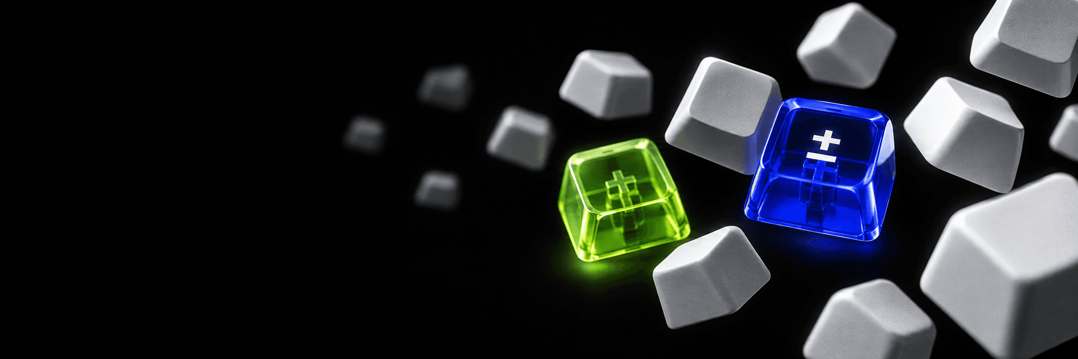 A row of white keycaps with one cobalt ± key and one acid green key